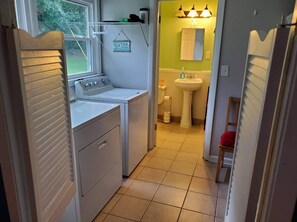 Hair dryer, towels, toilet paper