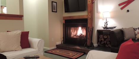 Fladskærms-tv, pejs, stereoanlæg