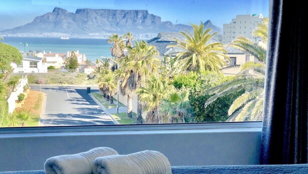 Blick aus dem Fenster auf eine Küstenlandschaft mit Palmen, einem Stoppschild und einem Berg im Hintergrund.