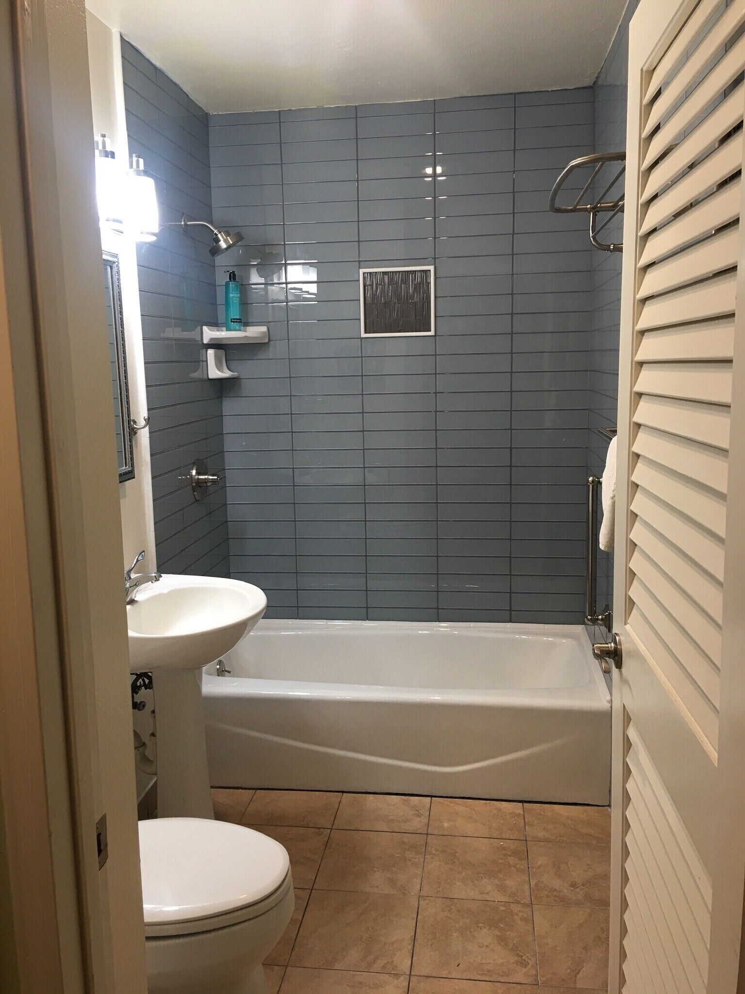 Combined shower/tub, hair dryer, towels, soap