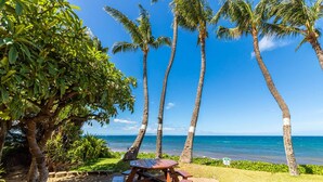 A beachside picnic area with a wooden table and benches, surrounded by palm trees and a view of the ocean. - Kealia 406 Oceanview Condo on Splendid Sugar Beach and Stroll the Beach (Kihei)