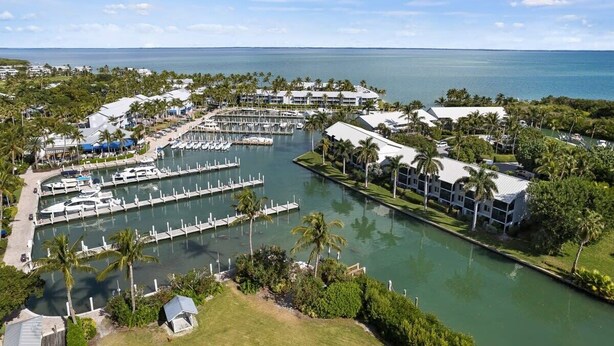 Un puerto deportivo con barcos amarrados, un edificio de marina y un hotel con piscina y palmeras.
