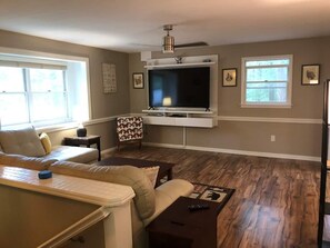 Smart TV, fireplace, DVD player, books