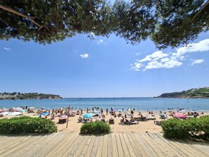 A beach with a wooden boardwalk leading to the shore, surrounded by greenery.