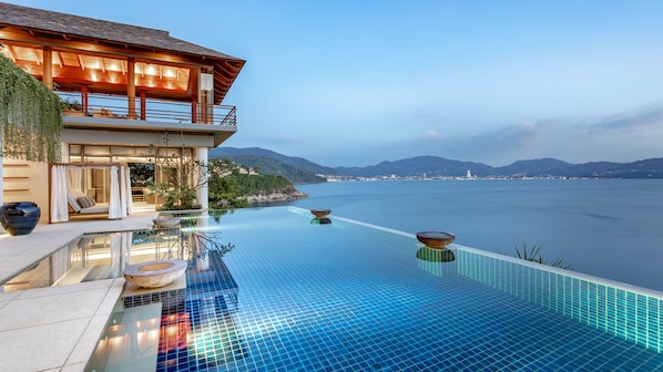 Outdoor pool, pool umbrellas, pool loungers