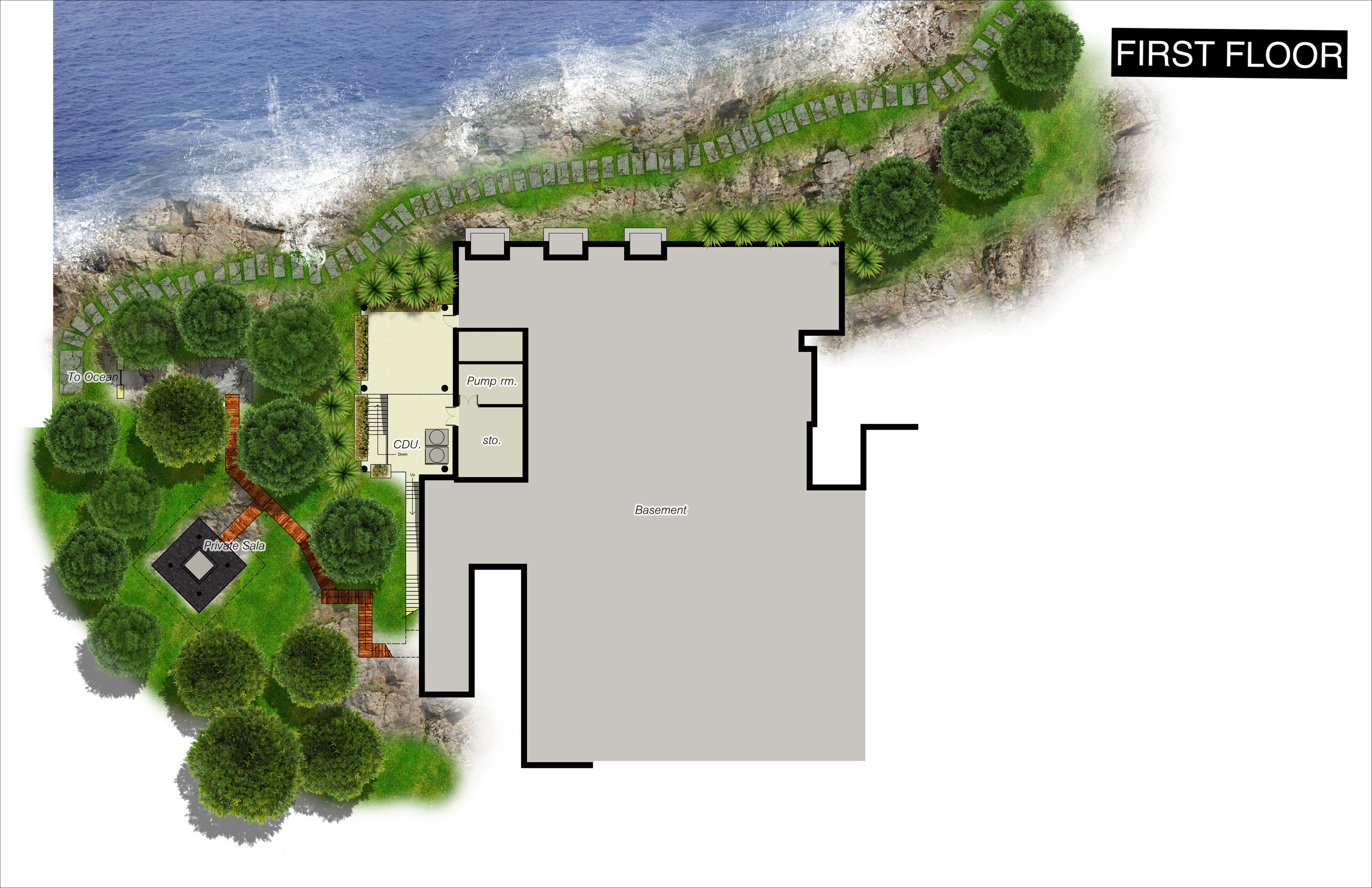 A first-floor layout of a coastal property with a private patio, a pump, and a basement.