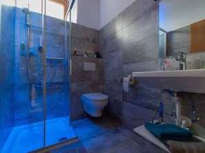 Une salle de bain avec une douche à parois de verre, des toilettes, un lavabo avec un miroir et un porte-serviettes.