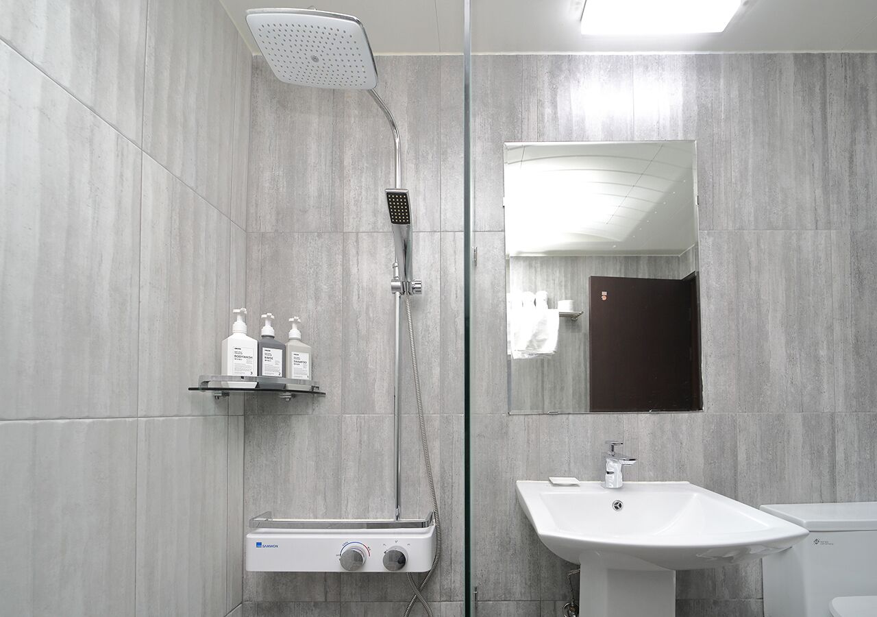 A modern bathroom with a shower, a sink, and a mirror.