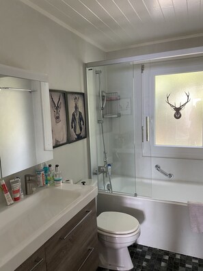 Bathtub, hair dryer, towels