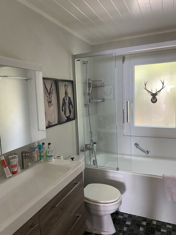 Un baño moderno con ducha de vidrio, inodoro blanco y tocador con artículos de aseo.