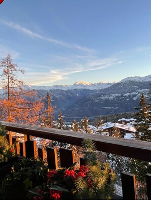 Vista de la montaña con picos nevados y barandilla de madera en un balcón.