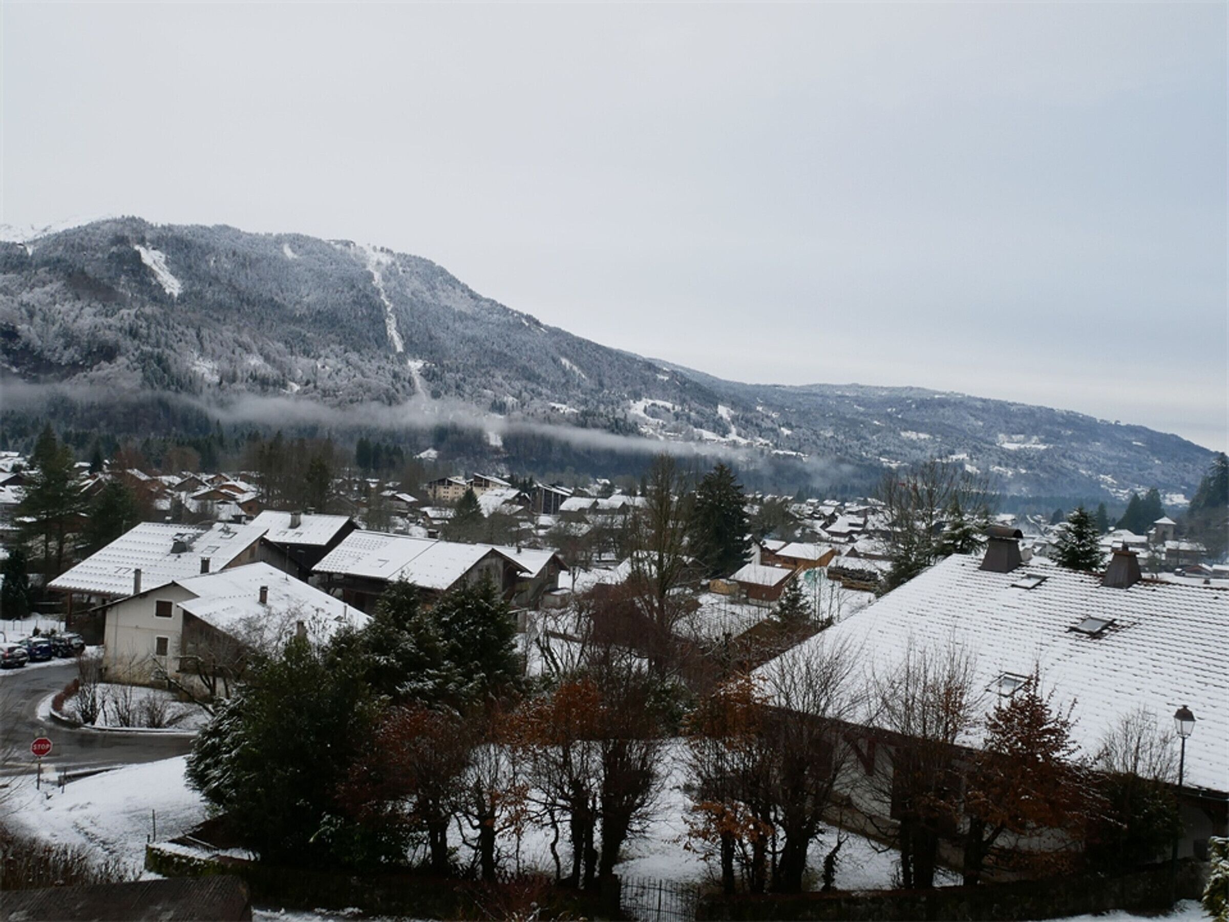 Een besneeuwd dorp met huizen en een berg op de achtergrond.