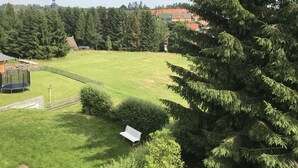 Un campo cubierto de hierba con un trampolín y un banco, rodeado de árboles y un edificio con techo rojo al fondo.
