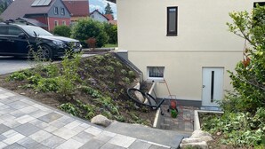 Un barrio residencial con un camino pavimentado, un coche negro estacionado en la calle, un jardín con diversas plantas y una bicicleta apoyada contra una pared.