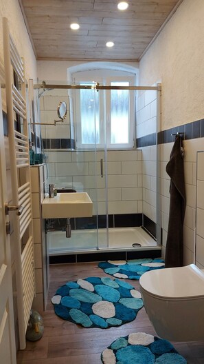 Shower, hair dryer, towels, soap