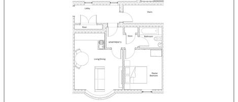 Pianta degli ambienti dell'appartamento 5 nella 13 Belle House, che comprende soggiorno/zona pranzo, camera da letto principale, bagno e un ripostiglio.