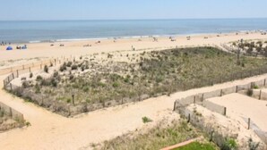 A beach with a sandy area and a fenced-off section with sparse vegetation. - Direct ocean front  * 2 Bedrooms * 2 Full Baths + Den * 4th Floor Sleeps 8 * (Ocean City)