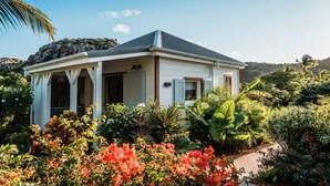 Une maison dotée d’un porche abrité, entourée d’une végétation tropicale luxuriante.