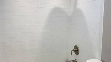 Combined shower/tub, hair dryer, towels, soap