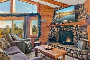 Smart-tv, eldstad, dvd-spelare och en stereo