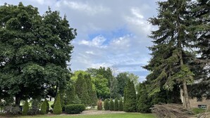 Un'area verde ben curata con diversi alberi, tra cui conifere alte e alberi a foglia larga, sotto un cielo parzialmente nuvoloso.