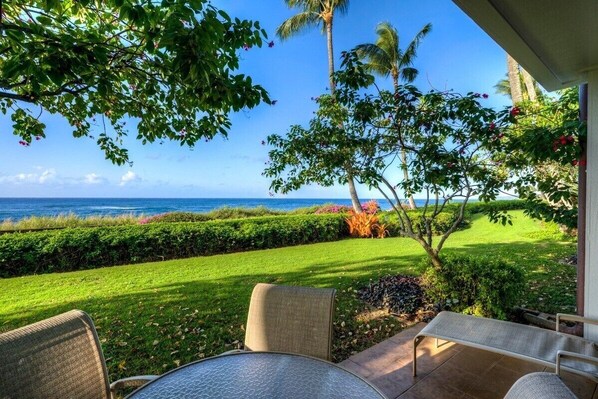 A patio with a view of the ocean, surrounded by greenery and a well-maintained lawn. - koolkondo Kapili 9 Oceanfront Condo (Koloa)