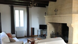 A living room with a fireplace, a sofa, a television, and a window with curtains. - Large 3* house in Périgord 10 minutes from Sarlat (Marquay)