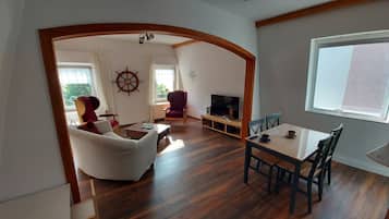 Smart TV, fireplace, DVD player, books