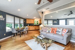 Smart TV, fireplace, table football, books