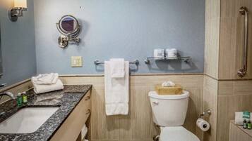 Combined shower/tub, towels, soap, shampoo