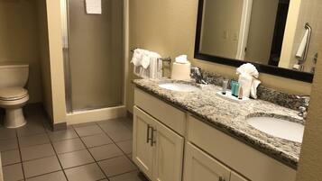 Shower, jetted tub, towels, soap
