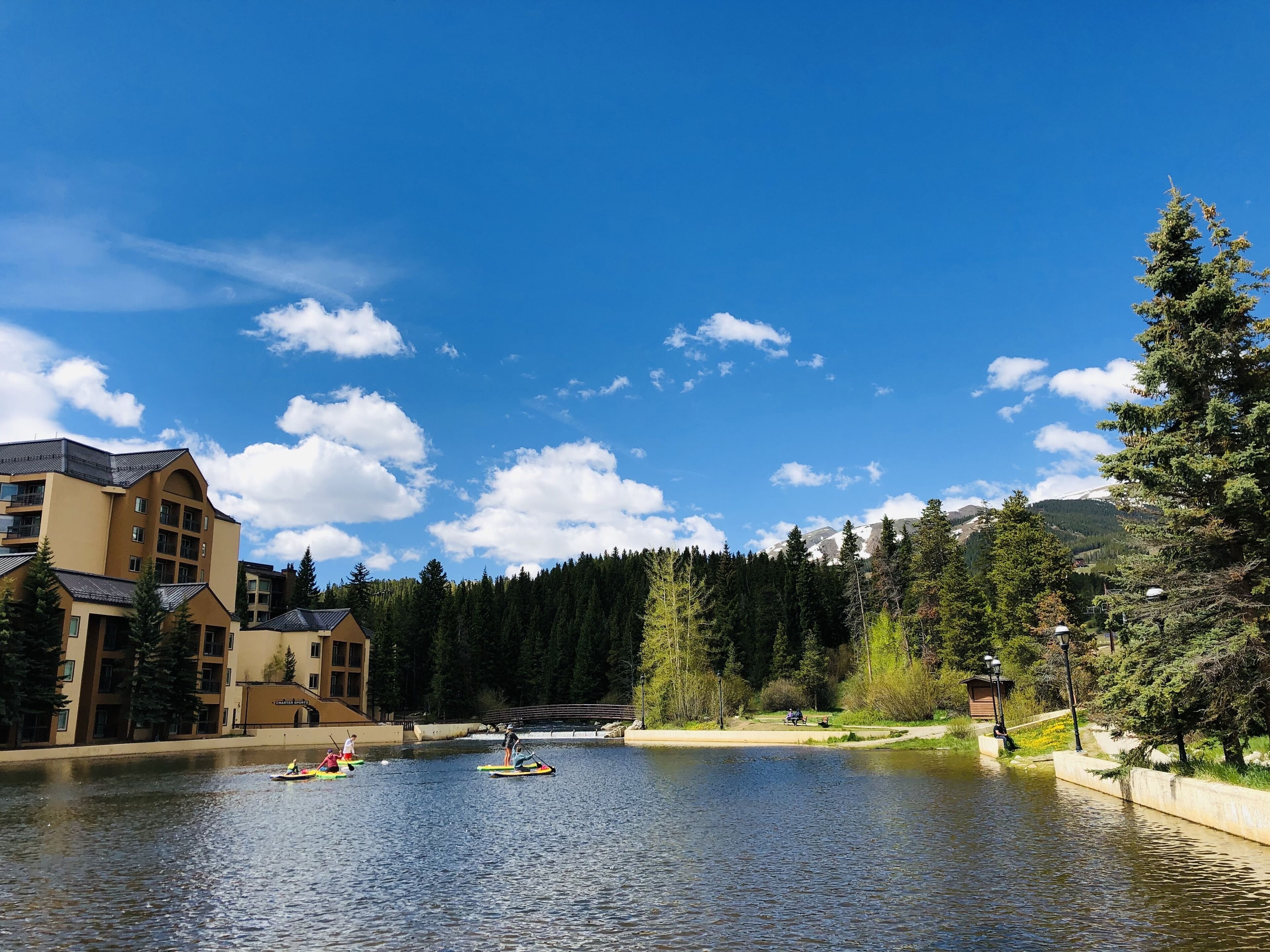 A riverside view with paddle boats, a bridge, and buildings in the background.