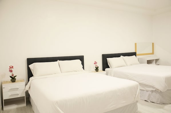 A hotel room with two beds, white bedding, a small bedside table with a plant, and a nightstand.