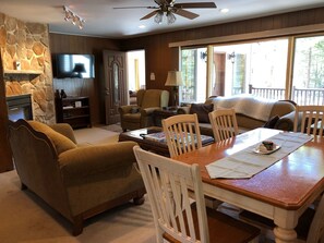 Smart TV, fireplace, books