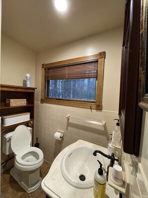 Een badkamer met toilet, wastafel en raam met jaloezieën.