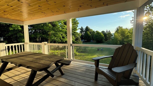 Un deck de madera con una mesa y sillas de picnic, con vista a un patio cubierto de césped y árboles.