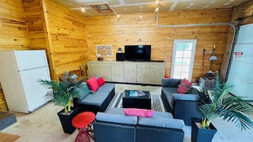 Smart TV, fireplace, ping pong, books