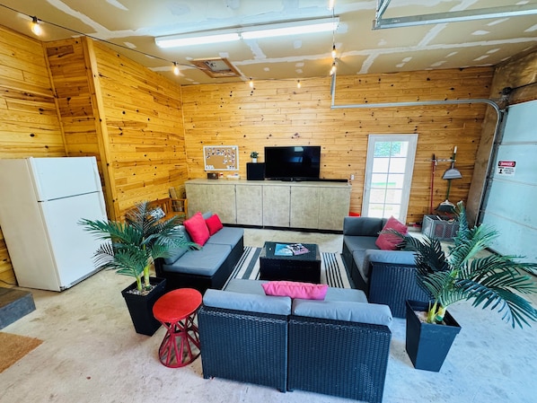 Smart-tv, pejs, bordtennisbord, bøger