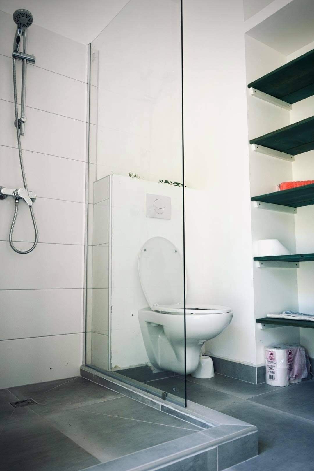 A modern bathroom with a glass shower enclosure, a white toilet, and built-in shelves.