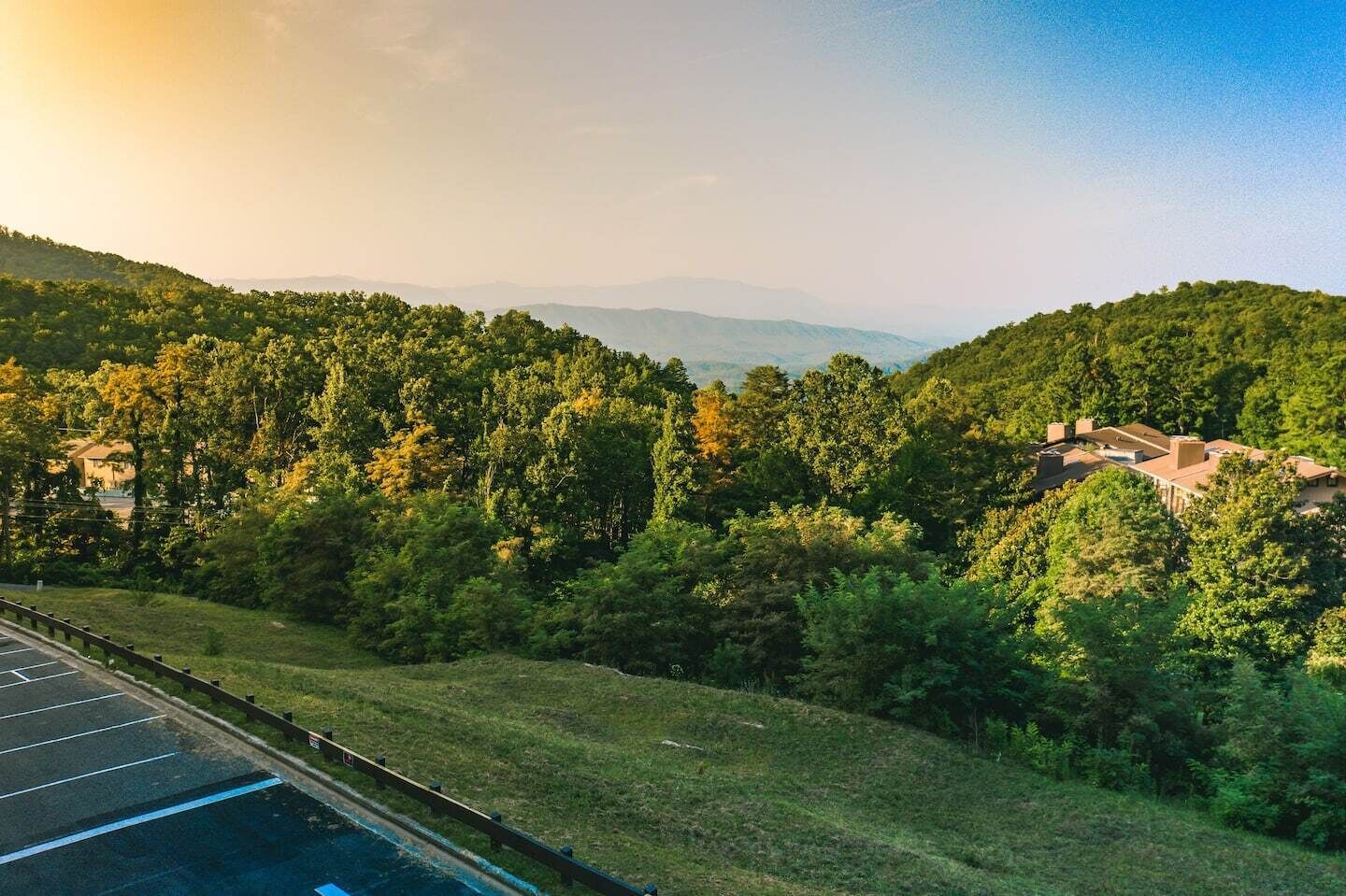 A view of a parking lot with a road leading into a forested area.