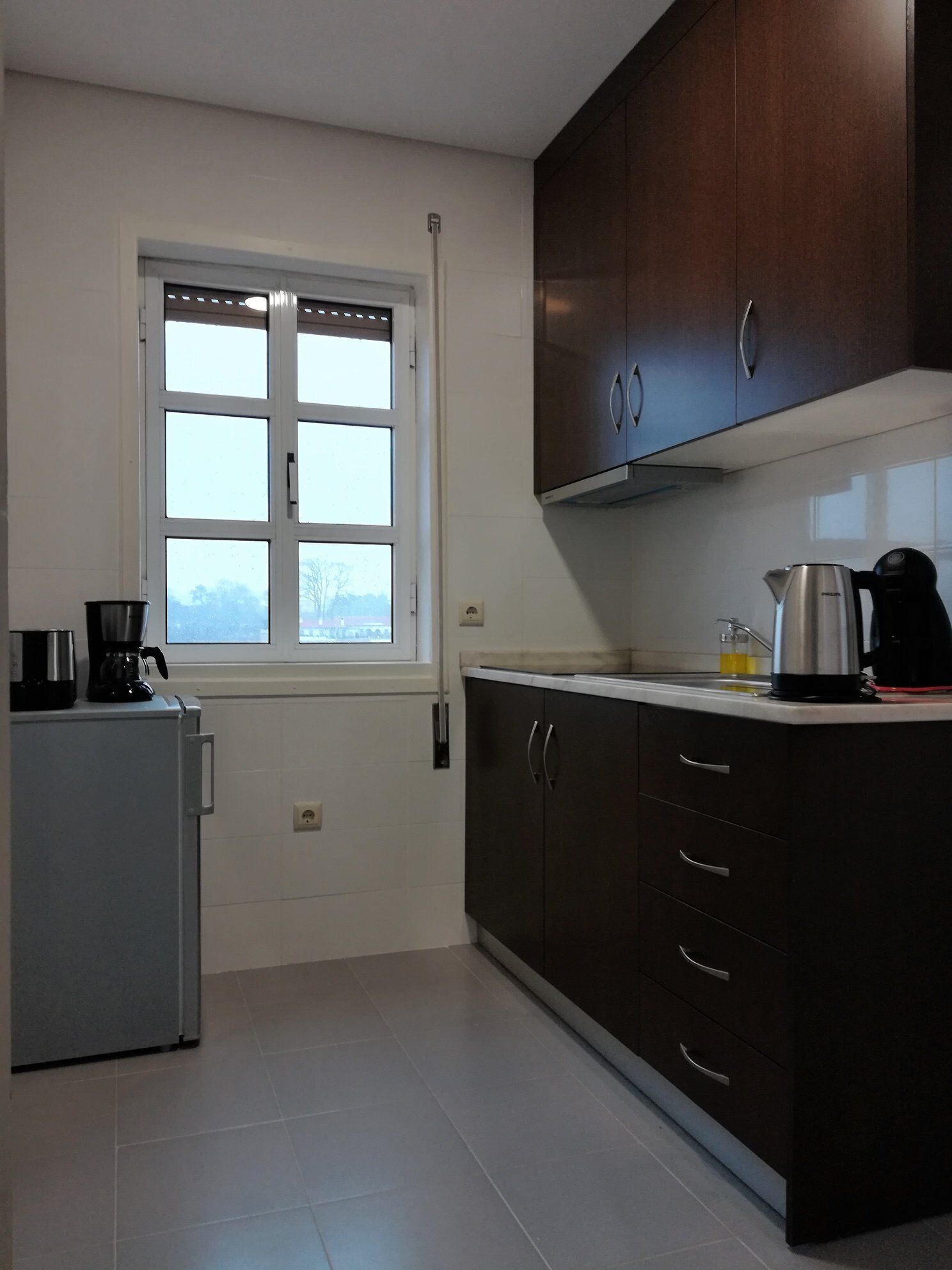 Una cocina con ventana, refrigerador, armarios oscuros y cafetera.