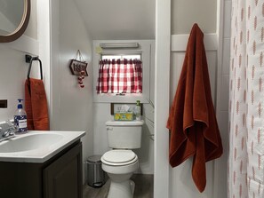 Combined shower/bathtub, towels, soap, toilet paper