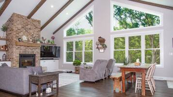 TV connectée, cheminée, jeux vidéo, lecteur de DVD