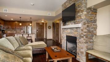 TV, fireplace, video games, foosball