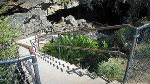 A stone staircase leading down to a cave entrance, surrounded by greenery and rocky terrain.