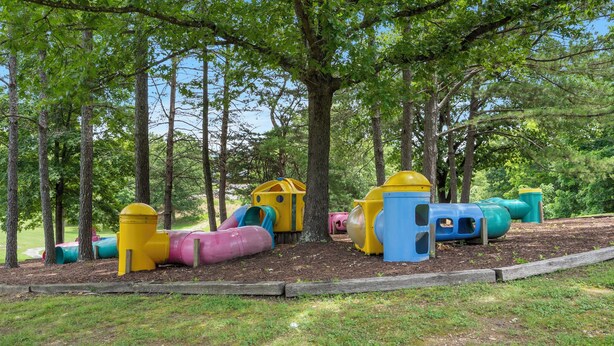 A playground with colorful slides and play structures surrounded by trees. - Rustic Log Cabin Near Thunder Ridge w Private Hot Tub & Free Attraction Tickets_Community Amenities! (Ridgedale)