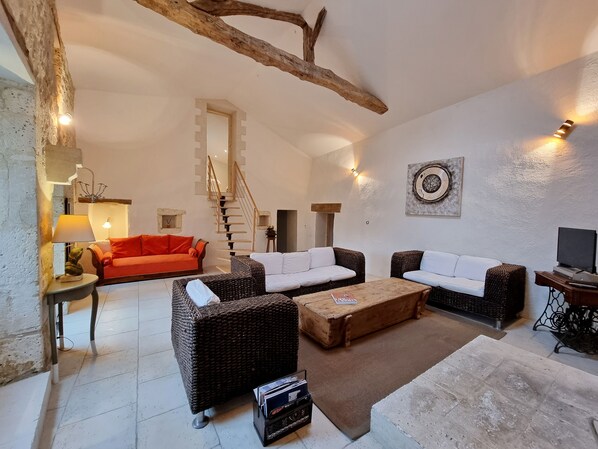 Télévision, cheminée, lecteur de DVD, livres