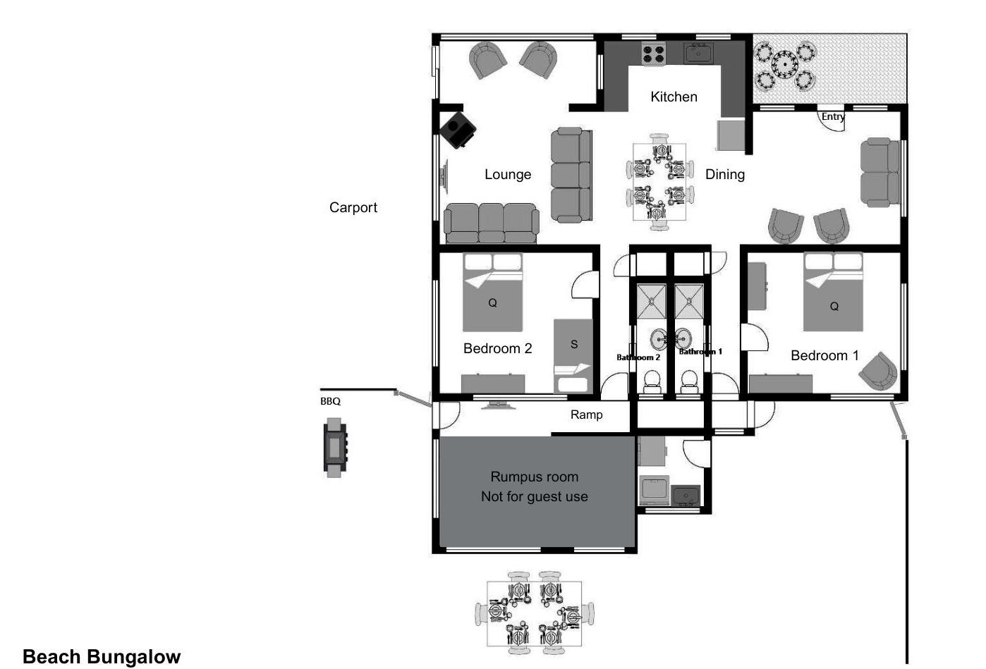 Plan d’un bungalow de plage comprenant un abri pour voiture, un salon, une cuisine, un coin repas, deux chambres, deux salles de bain, un barbecue et une pièce polyvalente.