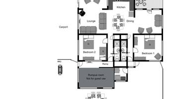 Plan d’un bungalow de plage comprenant un abri pour voiture, un salon, une cuisine, un coin repas, deux chambres, deux salles de bain, un barbecue et une pièce polyvalente.
