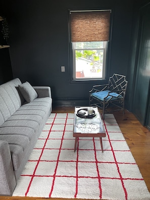 Un salon avec un canapé gris, un fauteuil bleu, une petite table avec un plateau, et un tapis rouge et blanc.